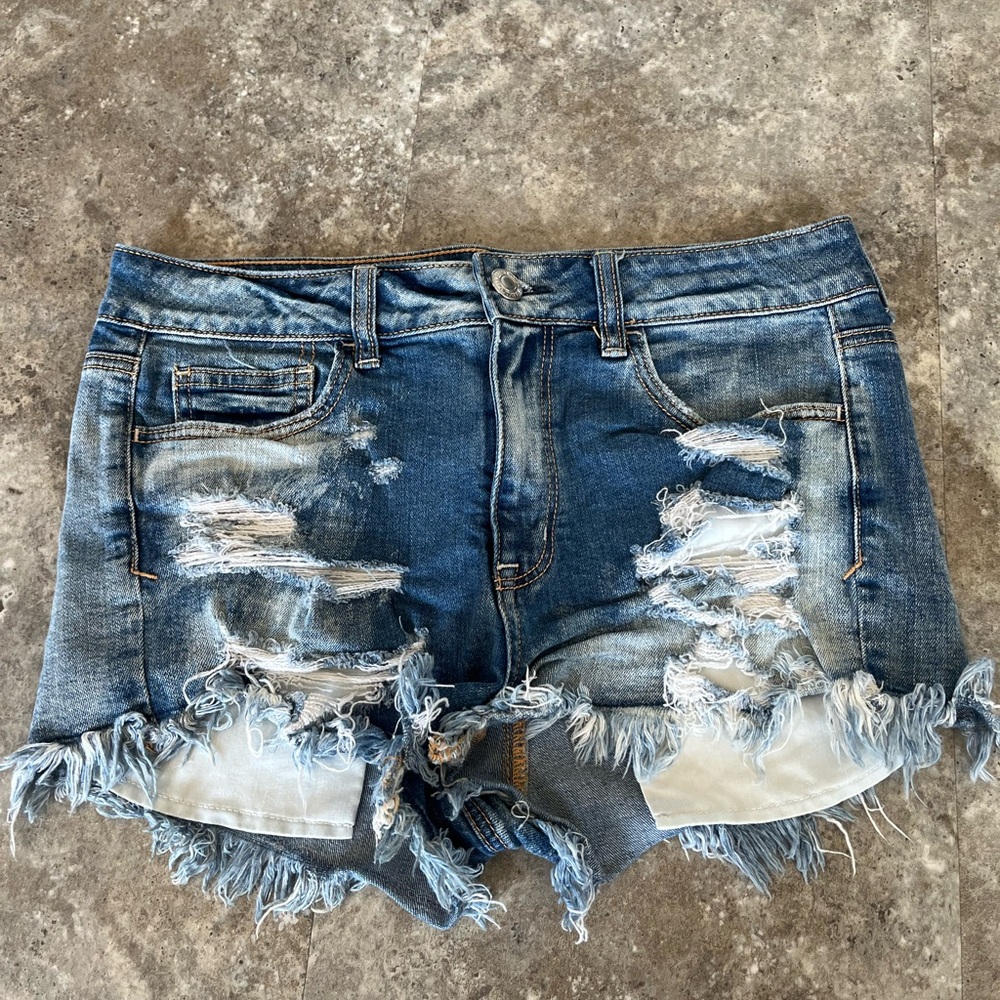 AE Distressed Hi-Rise Shortie jean shorts — 10
